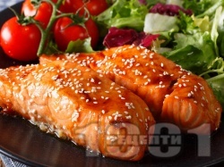 Глазирано филе от сьомга в портокалова глазура печено на скара или грил тиган - снимка на рецептата